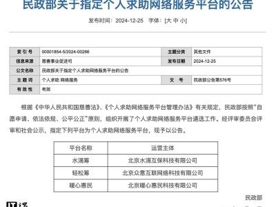 民政部正式認(rèn)定：水滴籌、輕松籌、暖心惠民成個(gè)人求助指定平臺(tái)